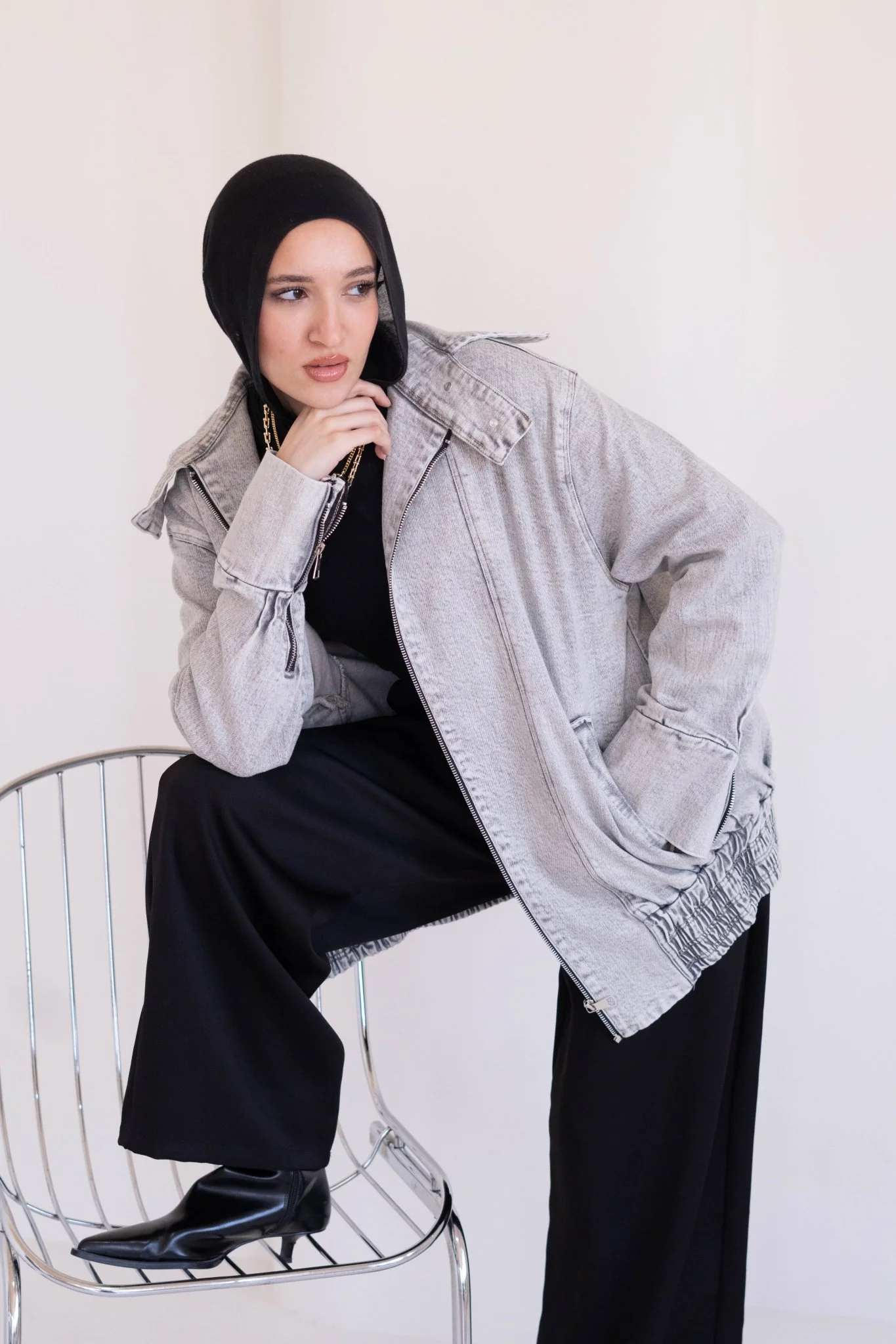 Washed Light Grey Denim Jacket - Image 4